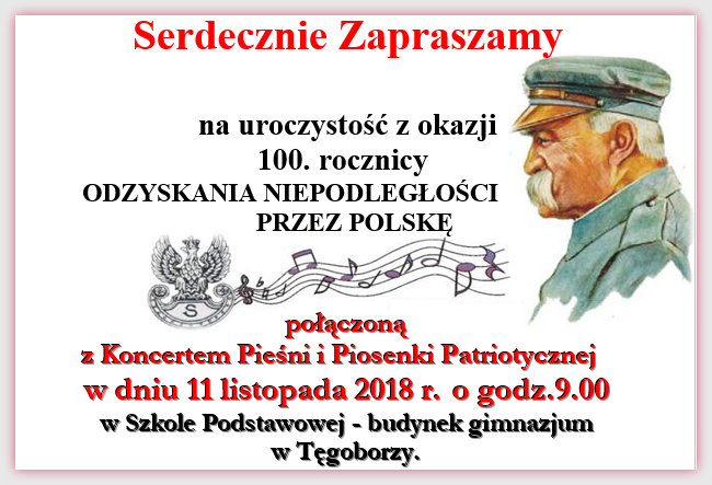 Zapraszamy na 100 rocznicę Odzyskania Niepodległości
